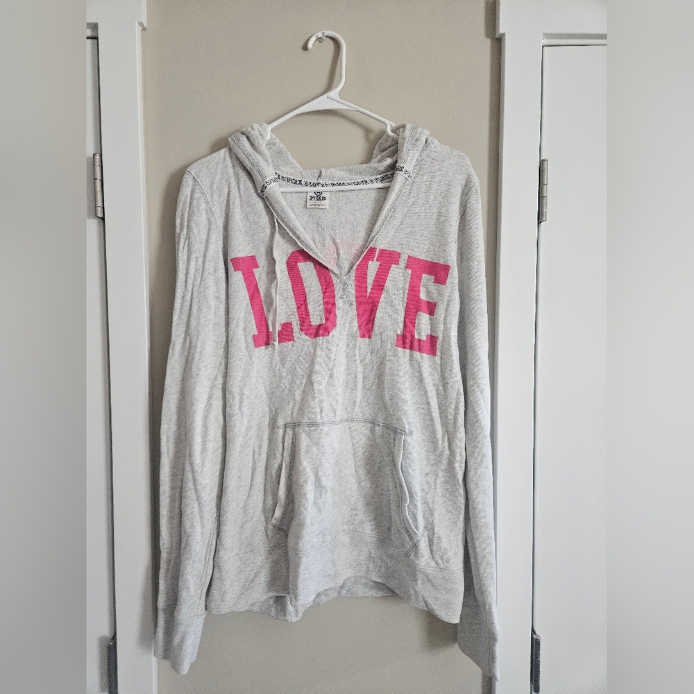 Victories Secret PINK VS Gray Hoodie Pink LOVE Graphic V Neck Oversized Sweater
